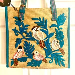 NEW American & Beyond Artisan Embroidered Bird Tote - Blue and Tan